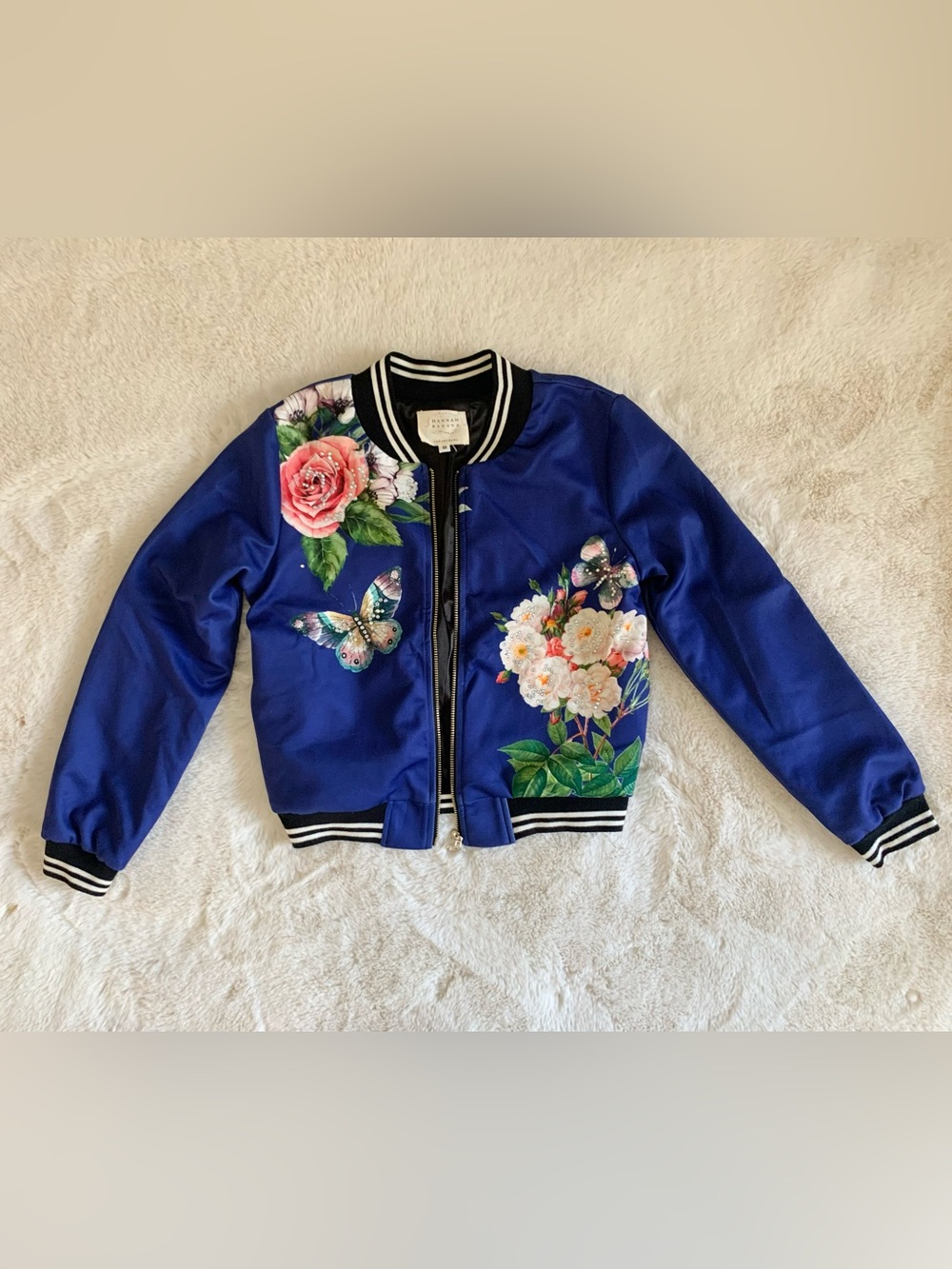 Hannah Banana blue bomber jacket flowers rhinestones Girl 10